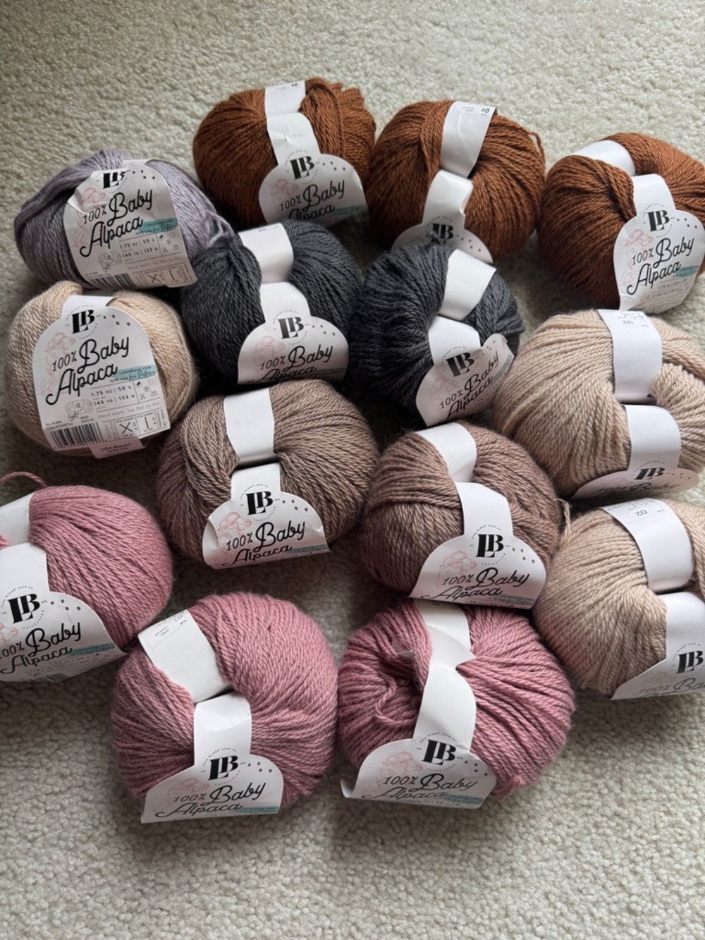 LB 100% Baby Alpaca Yarn - Assorted Pink, Brown, Gray, Cream